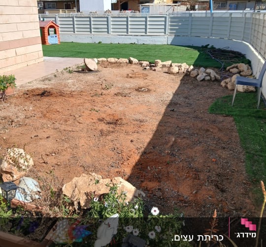 אזור גינה עם אדמה חשופה ואבנים מסביב